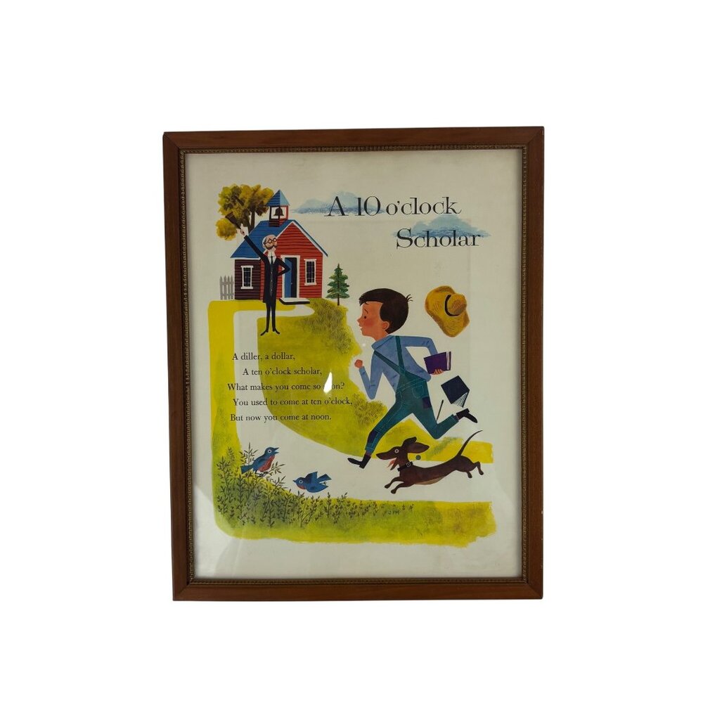 Vintage 50s Framed Art A 10 O'Clock Scholar Dale Maxey Mother Goose Lithograph